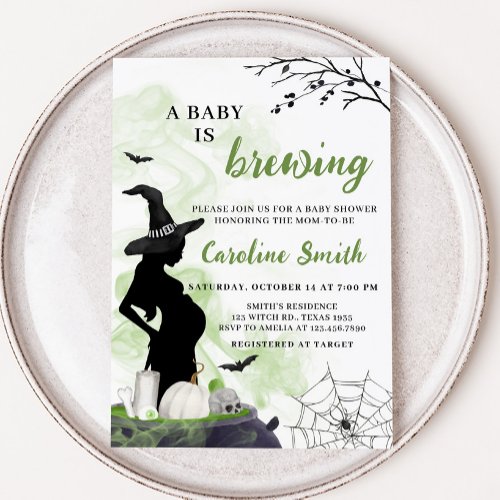 A Baby is Brewing Green Witch Baby Shower Invitation