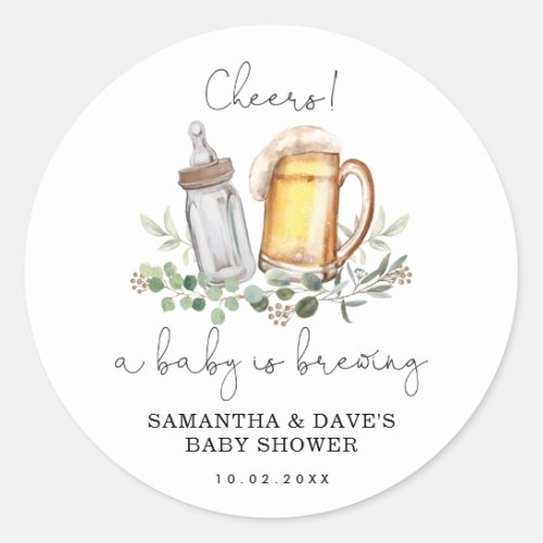 A baby is brewing  Greenery Beer Baby Shower Clas Classic Round Sticker