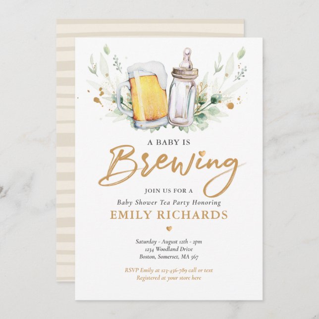 A Baby Is Brewing Greenery Beer Coed Baby Shower Invitation (Front/Back)