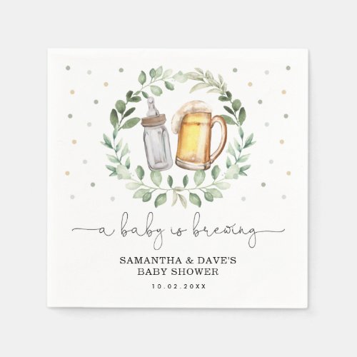 A Baby is Brewing Greenery Beer Coed Baby Shower Napkins