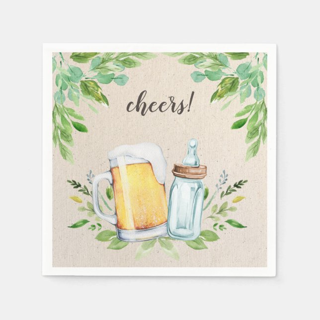 A Baby is Brewing Greenery Cheers Beer Baby Shower Napkins (Front)