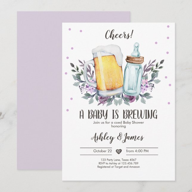 A Baby is Brewing Greenery Cheers Coed Baby Shower Invitation (Front/Back)