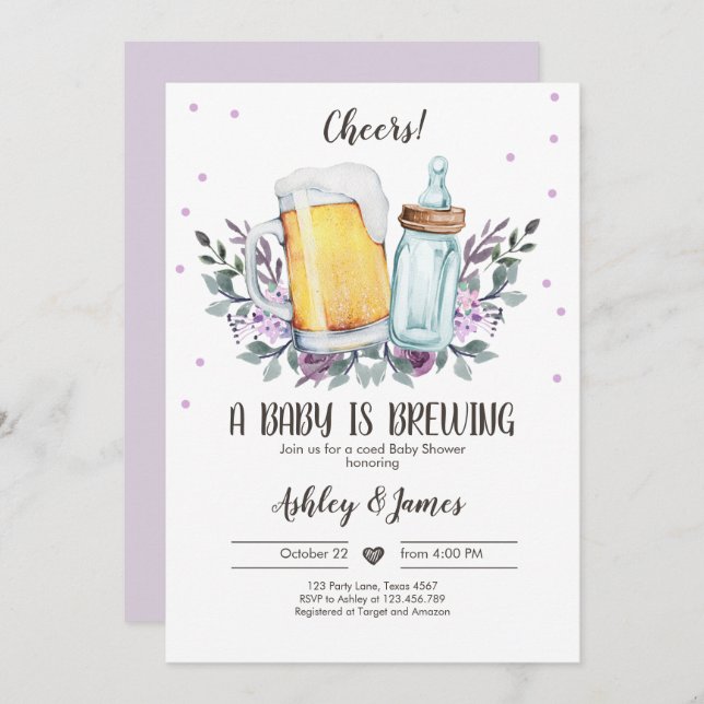 A Baby is Brewing Greenery Cheers Coed Baby Shower Invitation (Front/Back)