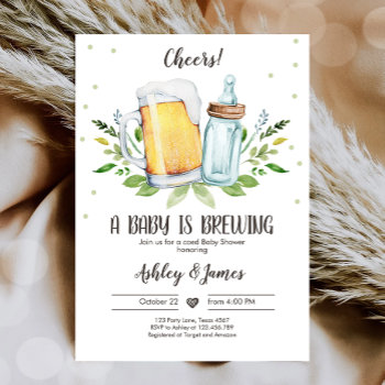 A Baby Is Brewing Greenery Cheers Coed Baby Shower Invitation by Anietillustration at Zazzle