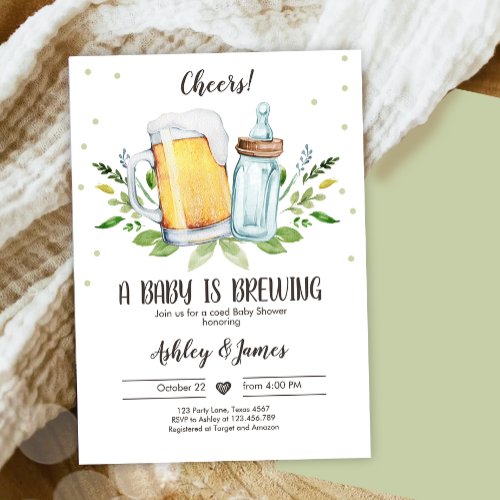 A Baby is Brewing Greenery Cheers Coed Baby Shower Invitation