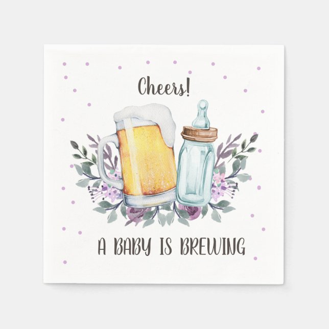 A Baby is Brewing Greenery Cheers Coed Baby Shower Napkins (Front)