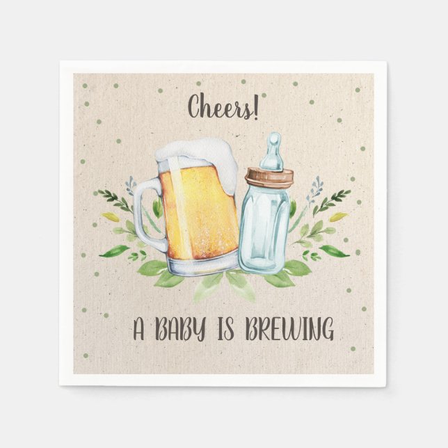 A Baby is Brewing Greenery Cheers Coed Baby Shower Napkins (Front)