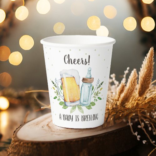A Baby is Brewing Greenery Cheers Coed Baby Shower Paper Cups