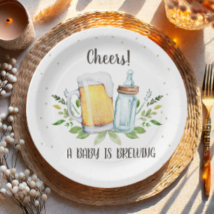A Baby is Brewing Greenery Cheers Coed Baby Shower Paper Plates