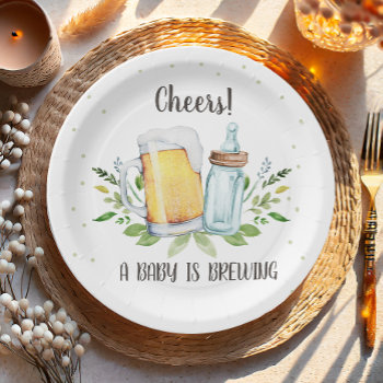 A Baby Is Brewing Greenery Cheers Coed Baby Shower Paper Plates by Anietillustration at Zazzle