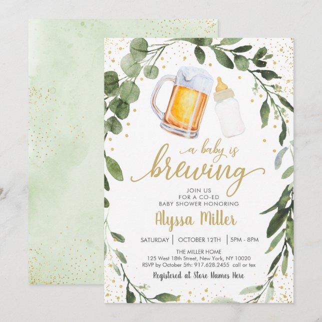 A Baby Is Brewing Greenery Coed Baby Shower Invitation (Front/Back)