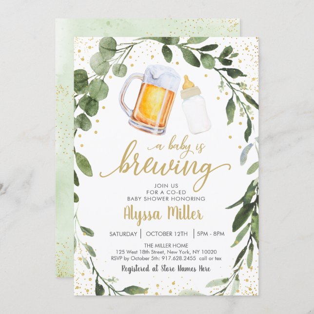 A Baby Is Brewing Greenery Coed Baby Shower Invitation (Front/Back)