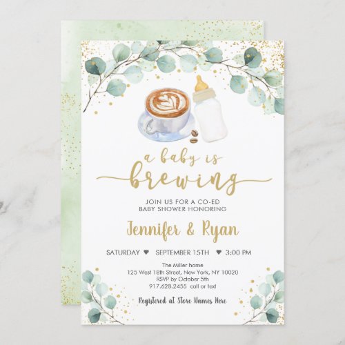 A Baby Is Brewing Greenery Coffee Baby Shower Invitation