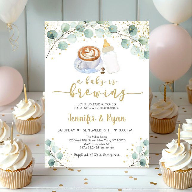 A Baby Is Brewing Greenery Coffee Baby Shower Invitation (Creator Uploaded)