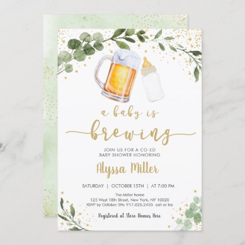 A Baby Is Brewing Greenery Gold Baby Shower Invitation