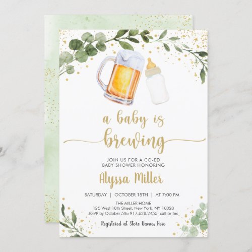 A Baby Is Brewing Greenery Gold Baby Shower Invitation