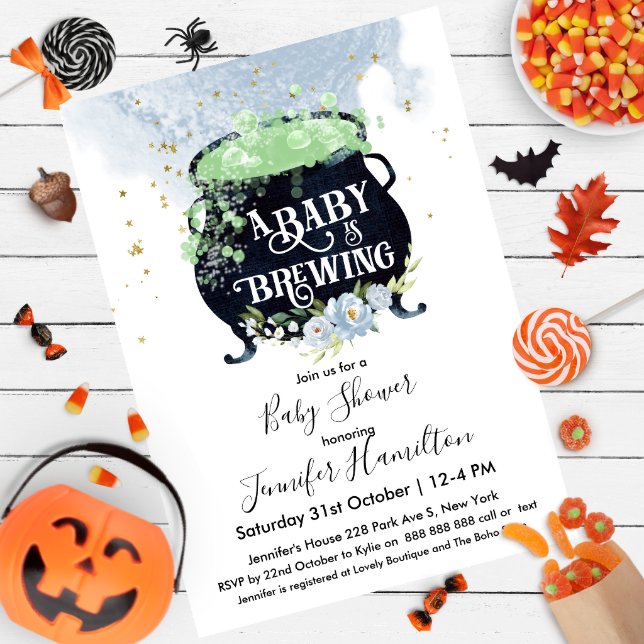 a baby is brewing Halloween Baby Shower Blue Invitation