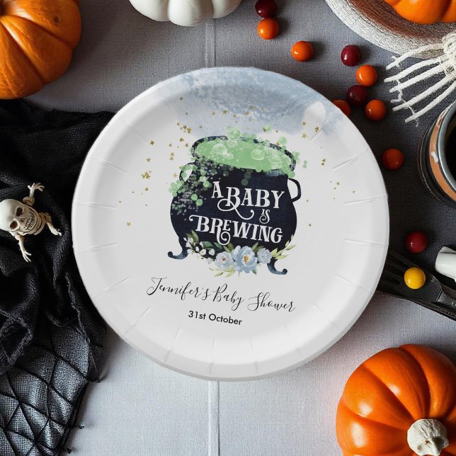 a baby is brewing Halloween Baby Shower Blue Paper Plates (Creator Uploaded)