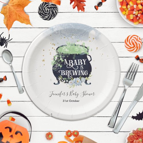 a baby is brewing Halloween Baby Shower Blue Paper Plates
