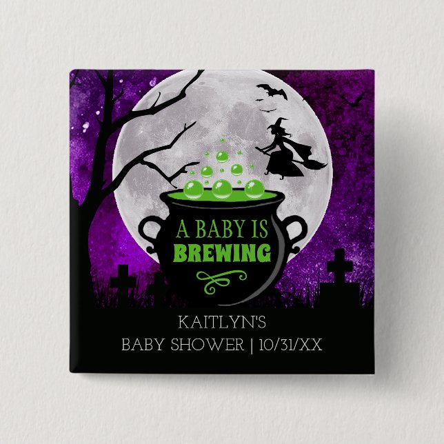 A Baby Is Brewing Halloween Baby Shower Button (Front)