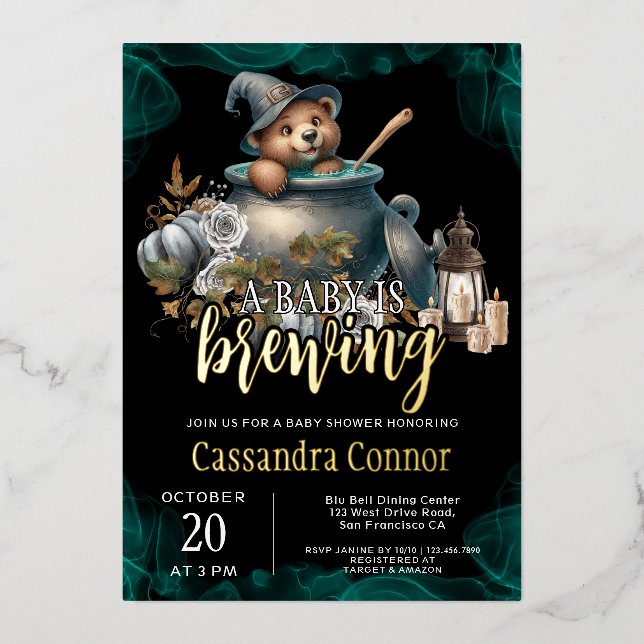 A Baby Is Brewing Halloween Baby Shower Foil Invitation (Front)