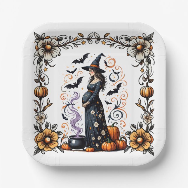 A Baby is Brewing Halloween Baby Shower Paper Plates (Front)