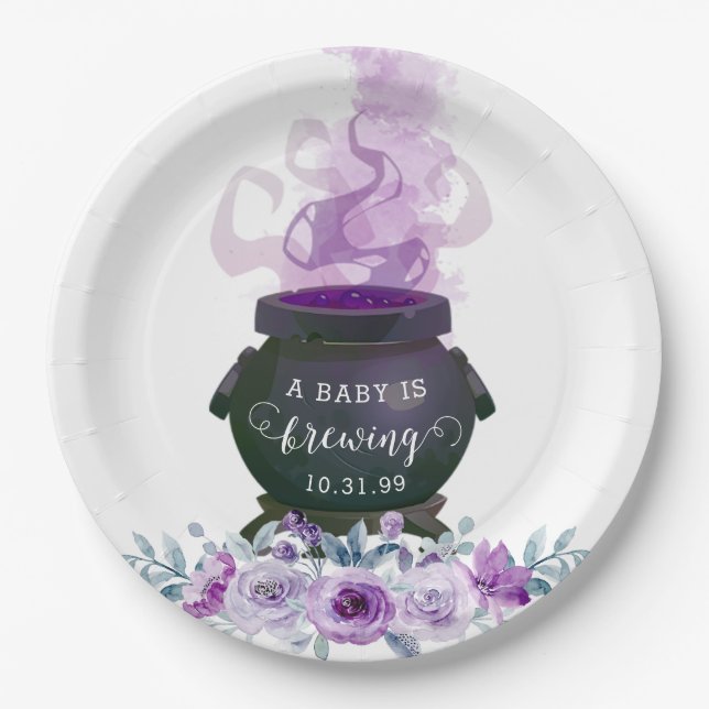 A Baby is Brewing Halloween Baby Shower Paper Plates (Front)