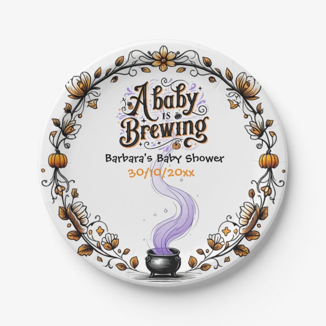 A Baby is Brewing Halloween Baby Shower Paper Plates (Front)