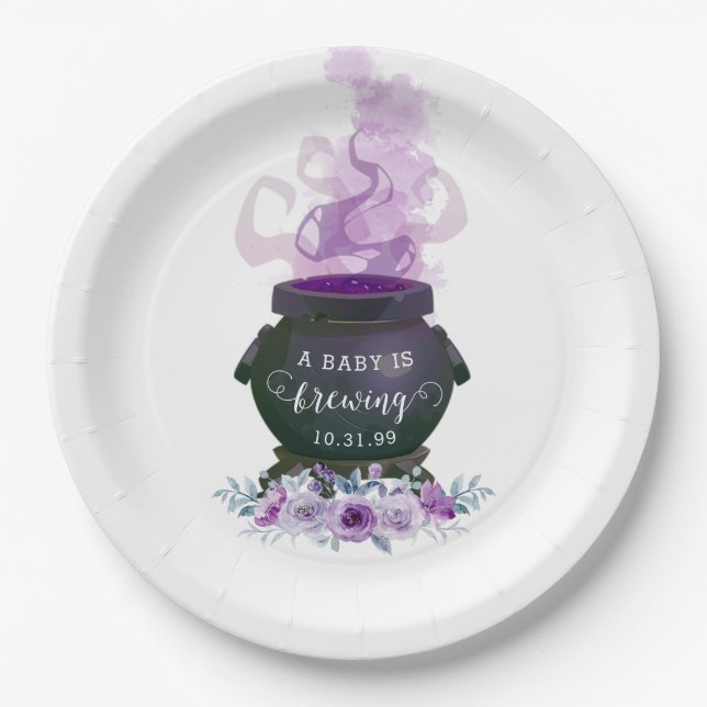 A Baby is Brewing Halloween Baby Shower Paper Plates (Front)