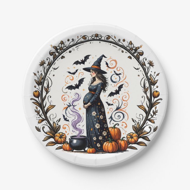 A Baby is Brewing Halloween Baby Shower Paper Plates (Front)