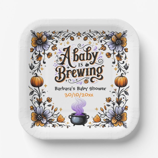 A Baby is Brewing Halloween Baby Shower Paper Plates (Front)