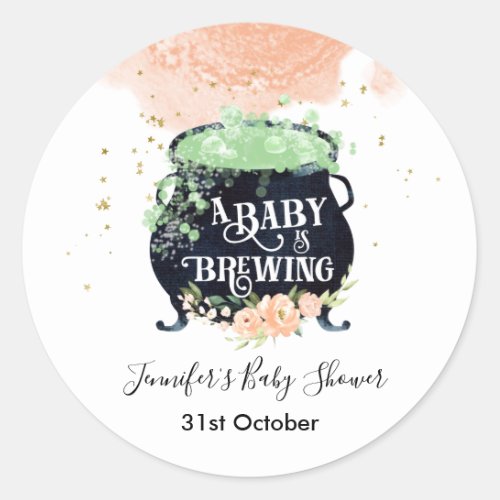 a baby is brewing Halloween Baby Shower Peach Classic Round Sticker