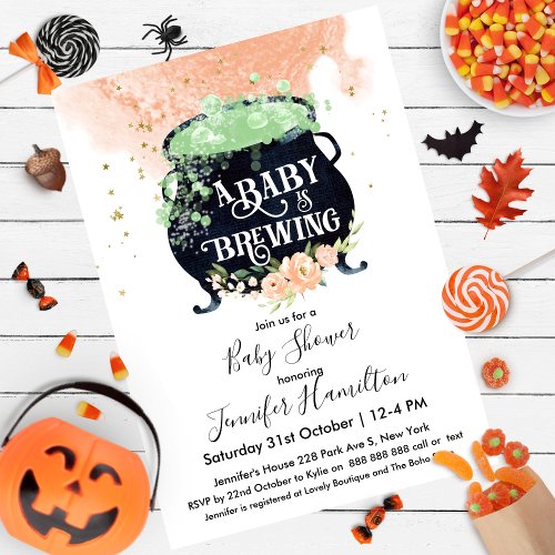 a baby is brewing Halloween Baby Shower Peach Invitation