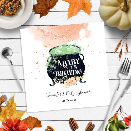 a baby is brewing Halloween Baby Shower Peach Napkins