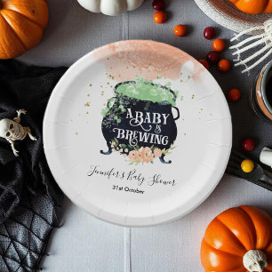 a baby is brewing Halloween Baby Shower Peach Paper Plates