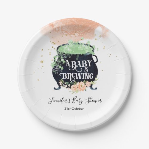 a baby is brewing Halloween Baby Shower Peach Paper Plates