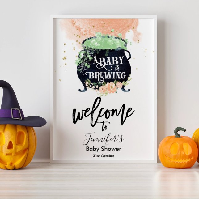 a baby is brewing Halloween Baby Shower Peach Poster (Creator Uploaded)