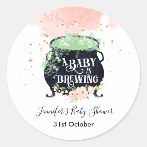 a baby is brewing Halloween Baby Shower Pink Classic Round Sticker