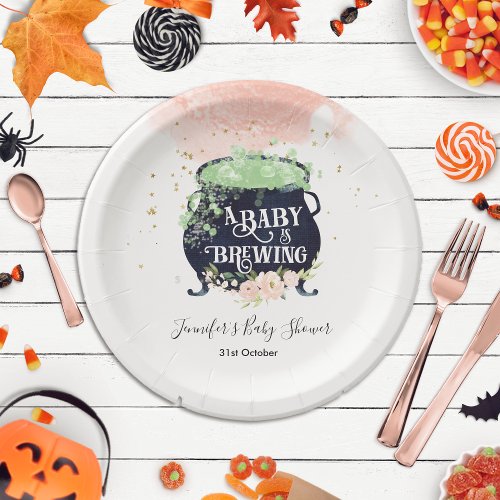 a baby is brewing Halloween Baby Shower Pink Paper Plates