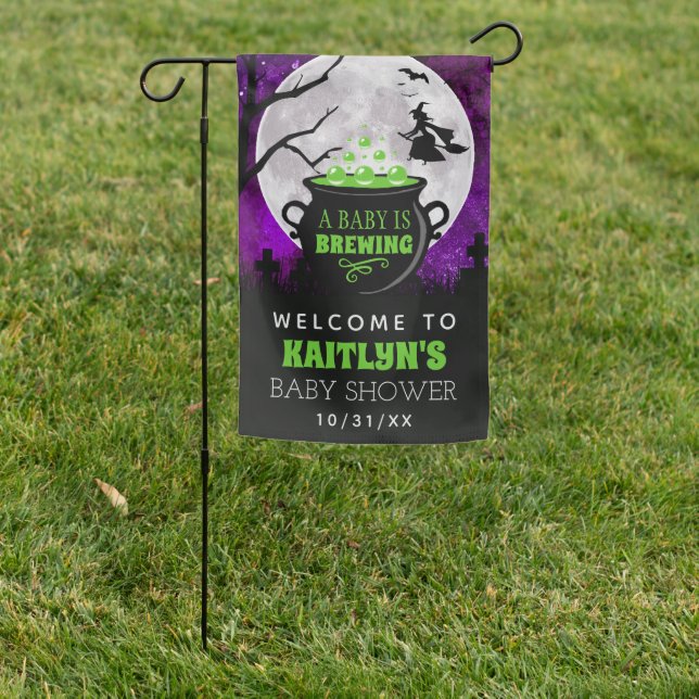 A Baby Is Brewing Halloween Baby Shower Welcome Garden Flag (In SItu)
