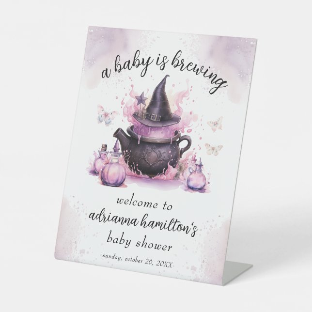 A Baby Is Brewing Halloween Baby Shower Welcome  Pedestal Sign (Front)