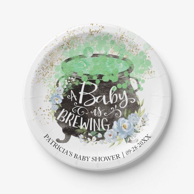 A Baby Is Brewing Halloween Boy Baby Shower Paper Plates (Front)