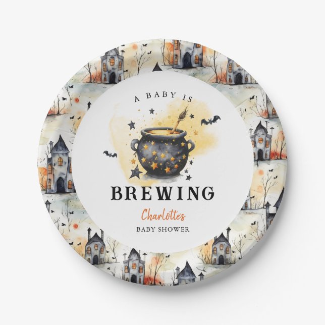 A Baby is Brewing Halloween Cauldron Baby Shower Paper Plates (Front)