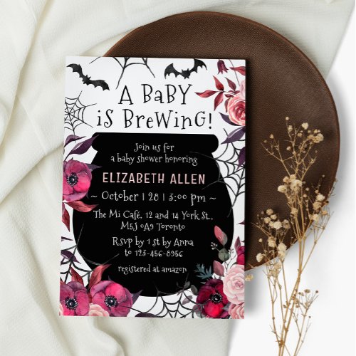 A Baby is Brewing Halloween Flowers Baby Shower Invitation