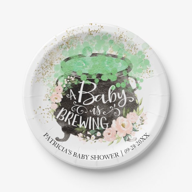 A Baby Is Brewing Halloween Girl Baby Shower Paper Plates (Front)