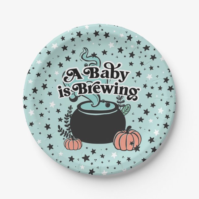 A Baby is Brewing Halloween Paper Plates  (Front)