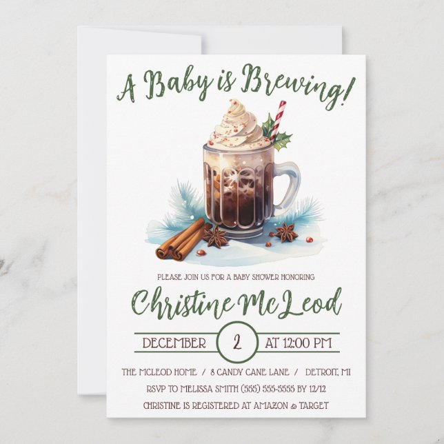 A Baby is Brewing, Holiday Iced Coffee Baby Shower Invitation (Front)