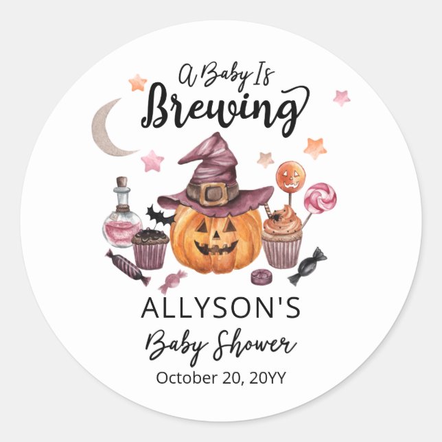 A Baby Is Brewing Jack-O-Lantern Halloween Shower Classic Round Sticker (Front)
