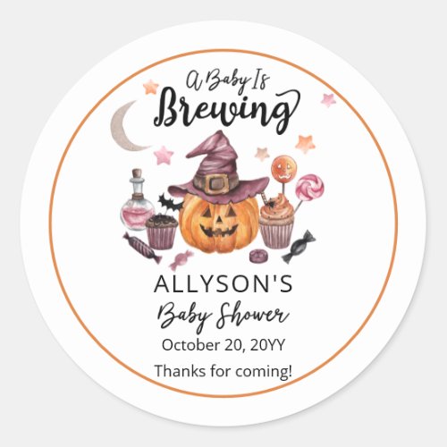 A Baby Is Brewing Jack_O_Lantern Halloween Shower  Classic Round Sticker