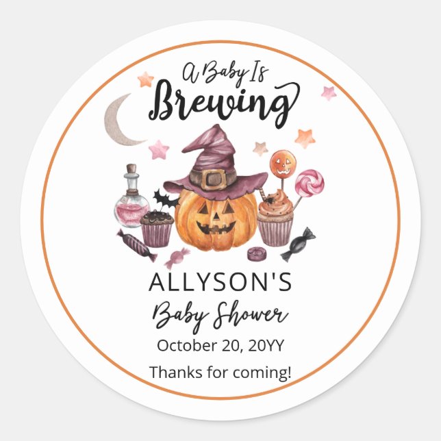 A Baby Is Brewing Jack-O-Lantern Halloween Shower  Classic Round Sticker (Front)
